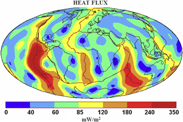 the distribution map of the heat flux from the Earth; the brown line represents faults between tectonic plates
