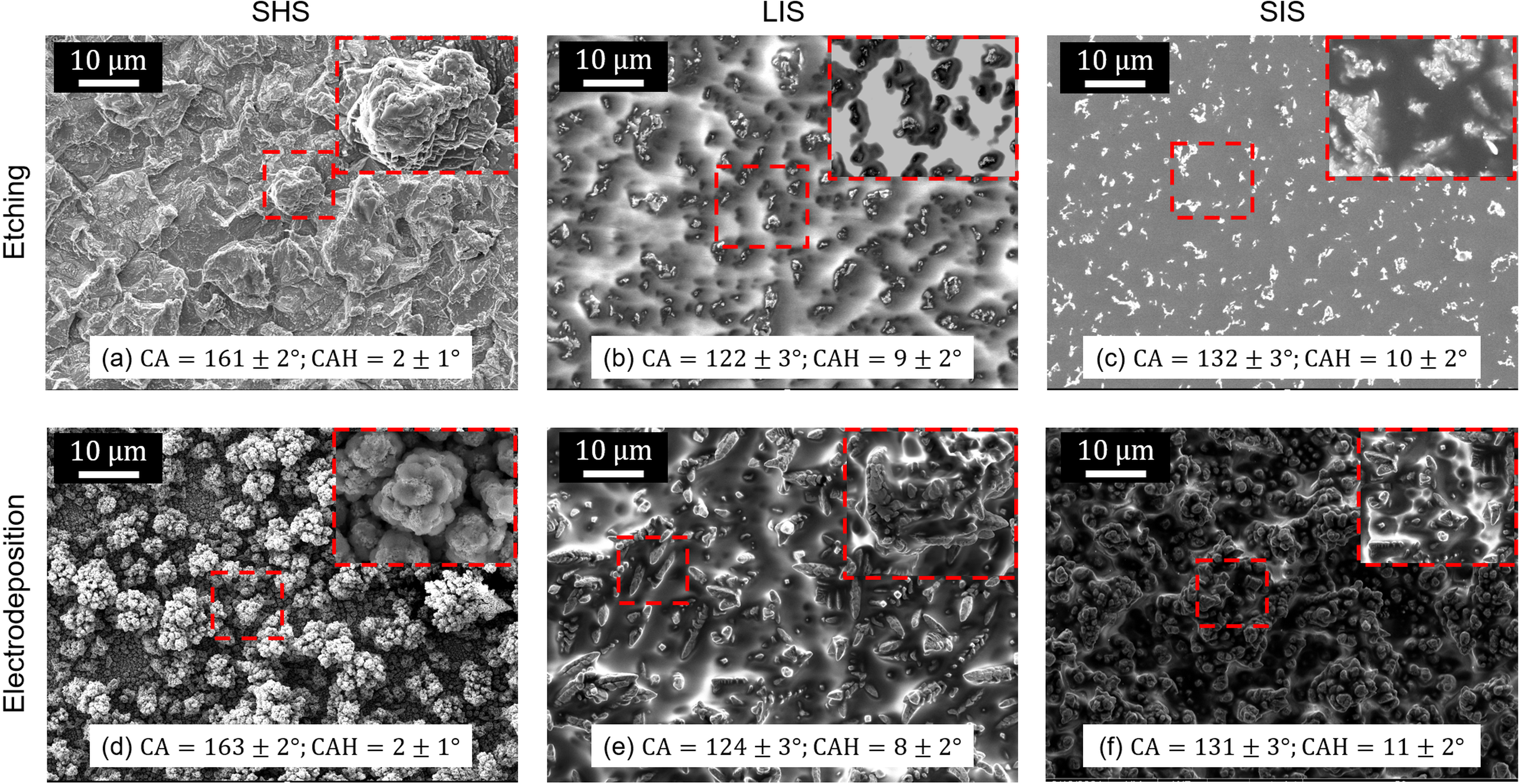SEM images of
chemically etched (a) SHS, (b) LIS, and (c) SIS, and electrodeposited (d)
SHS, (e) LIS, and (f) SIS. All micrographs are captured using
backscattered electron detector in SEM [Reproduced with permission from Hatte et al. (2023)]).