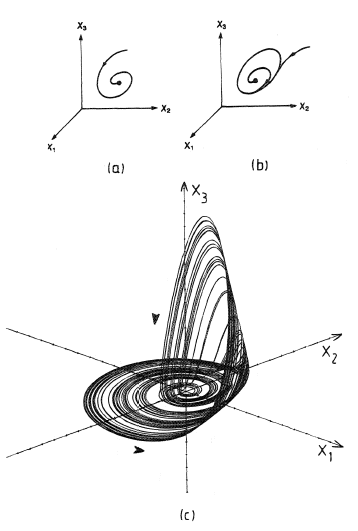 Fixed point (a), limit cycle (b), and chaotic (c) attractors.