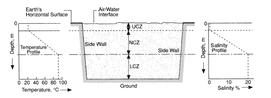 Schematic vertical crosssection through a salt-stratified nonconvecting solar pond.