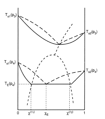 Equilibrium T-χ diagram for the case where immiscible liquids may be formed.