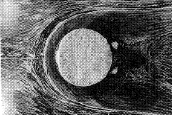 Plan view of the air flow around a vertical circular cylinder as visualized with the oil film technique. Visible is the separation line caused by a horseshoe vortex. (Courtesy N. Hölscher, Ruhr-Universitat Bochum).